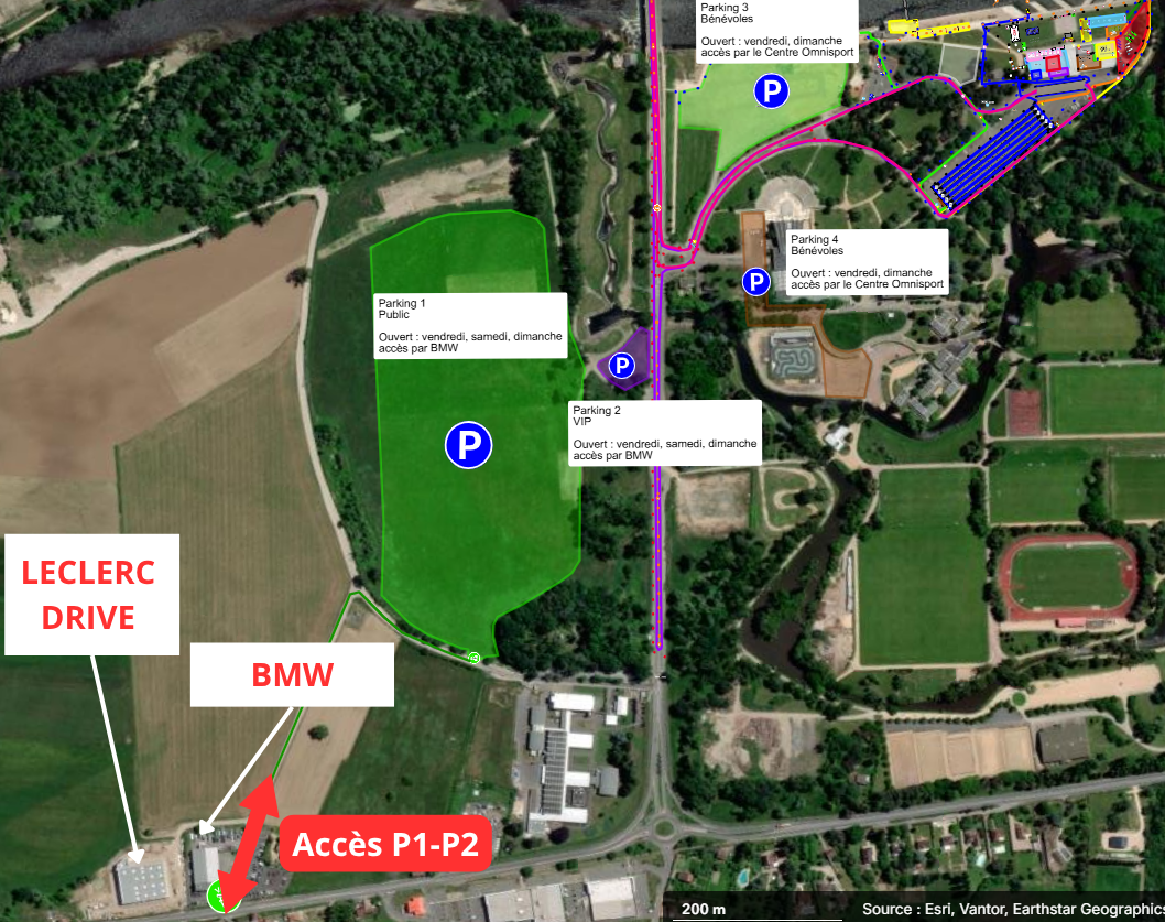 Plan d'accès aux parkings P1 et P2 du Triathlon de Vichy